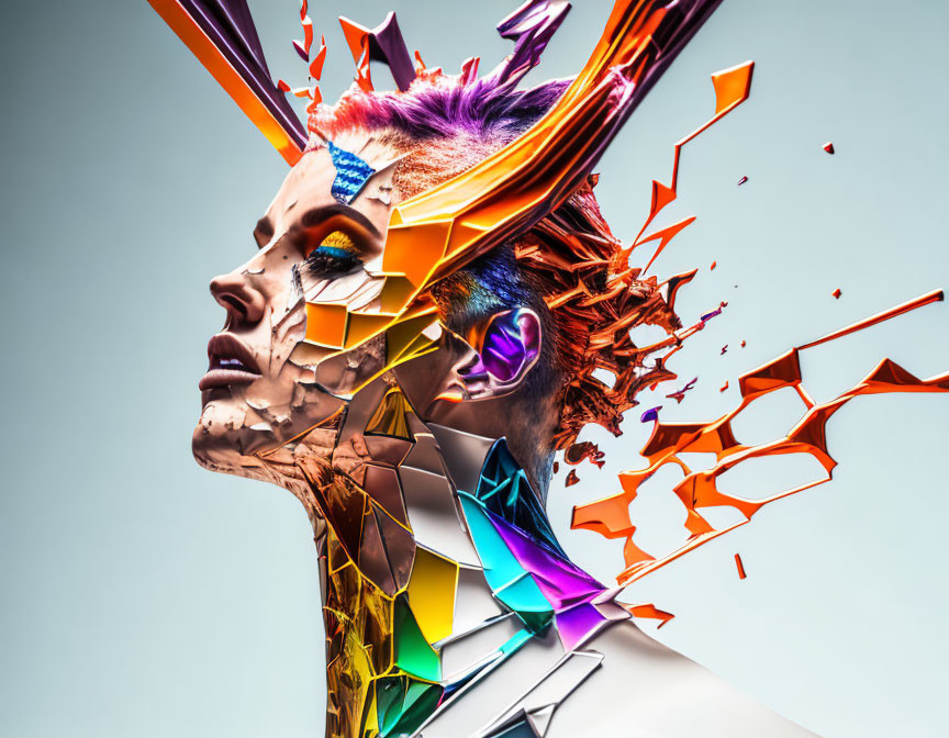 Colorful digital artwork: Woman's profile shatters into geometric pieces