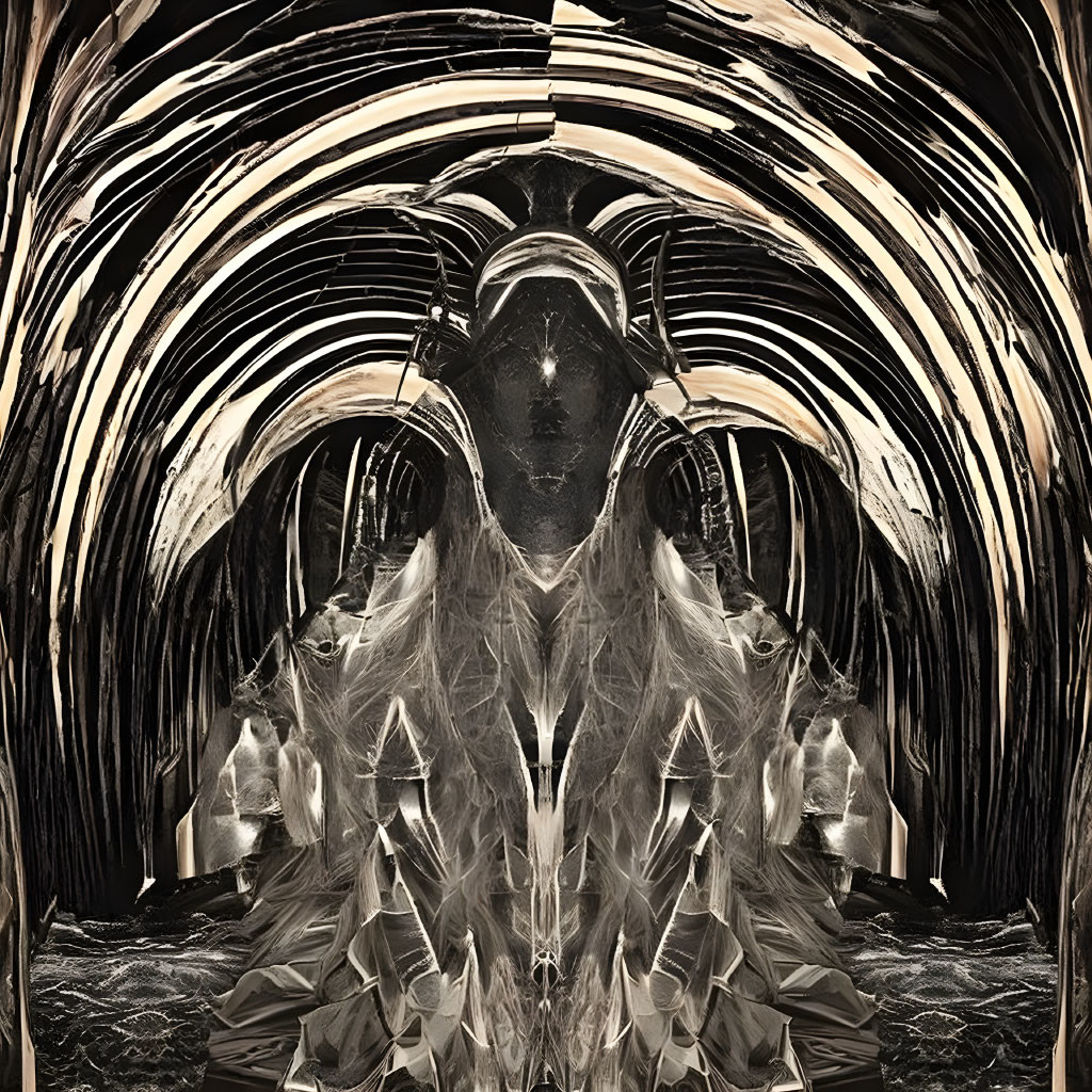 Symmetrical Monochrome Artwork with Central Humanoid Figure