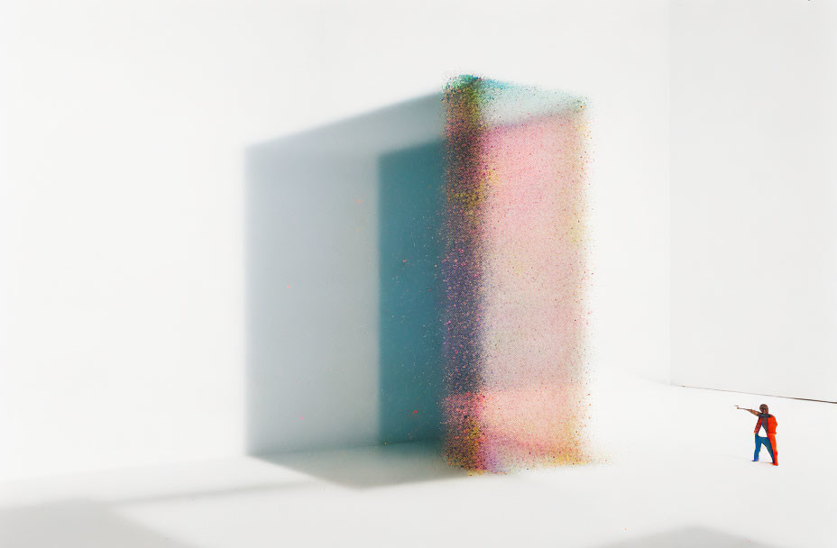 Vibrant rainbow-colored installation casting blue shadow in white space