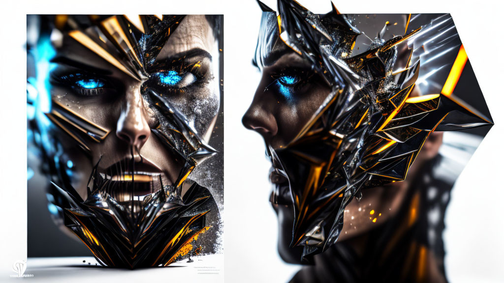 Blue-eyed person in futuristic portrait with fragmented geometric designs