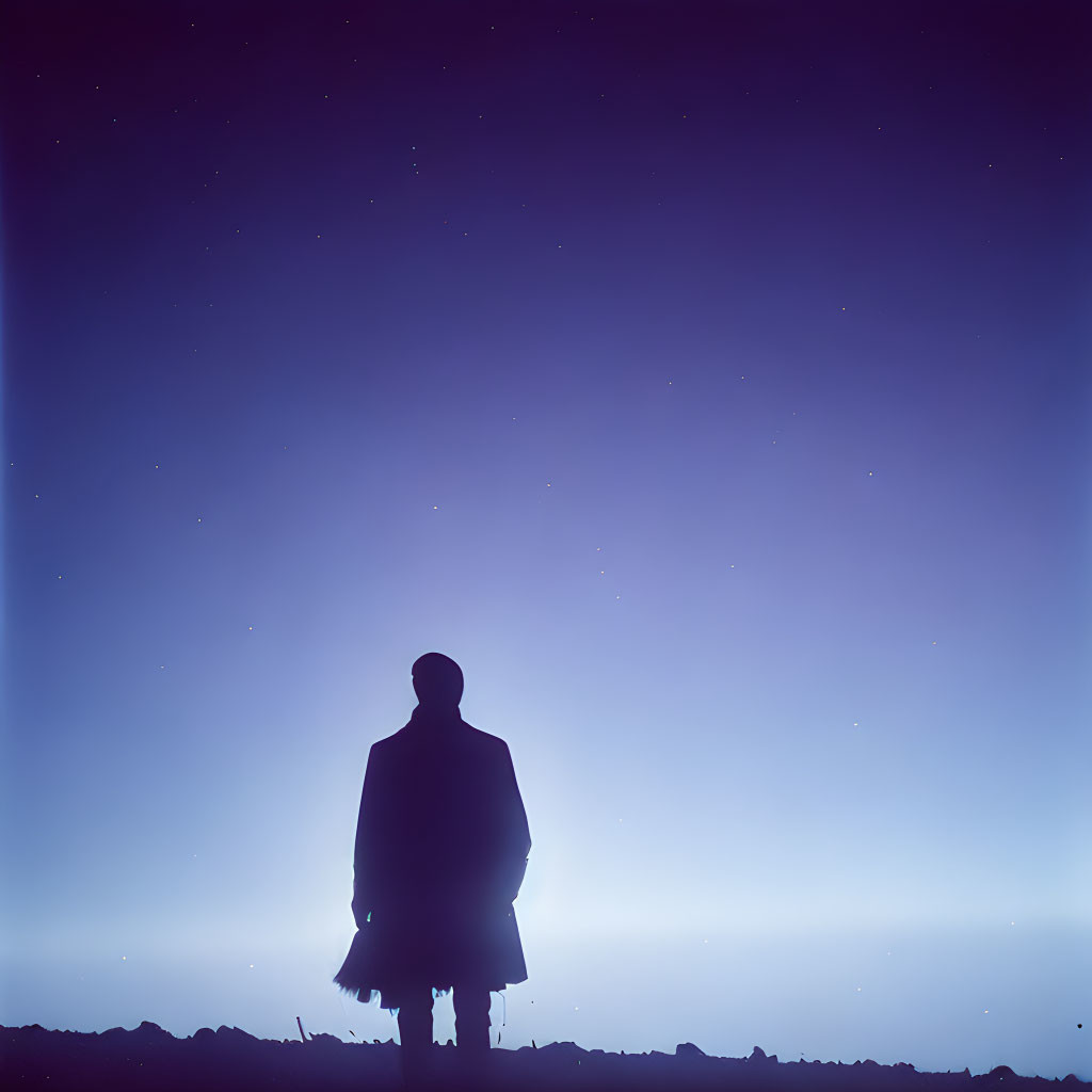 Silhouette of person under starry twilight sky with light beam