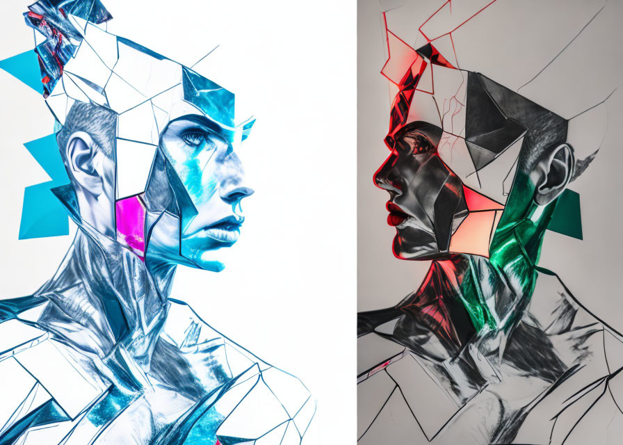 Colorful geometric abstract art of two human profiles with vibrant overlays