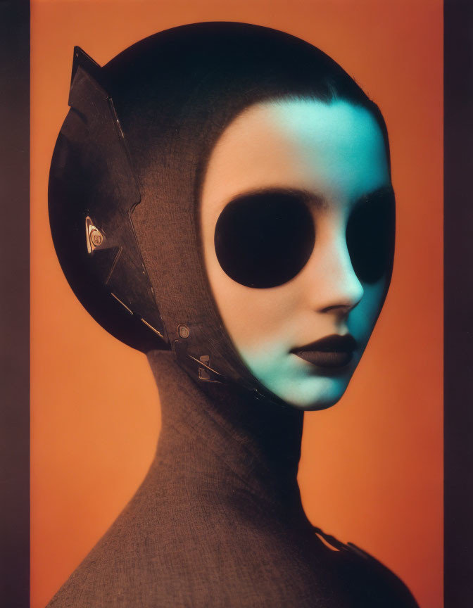 Stylized portrait of person in dark helmet against orange background