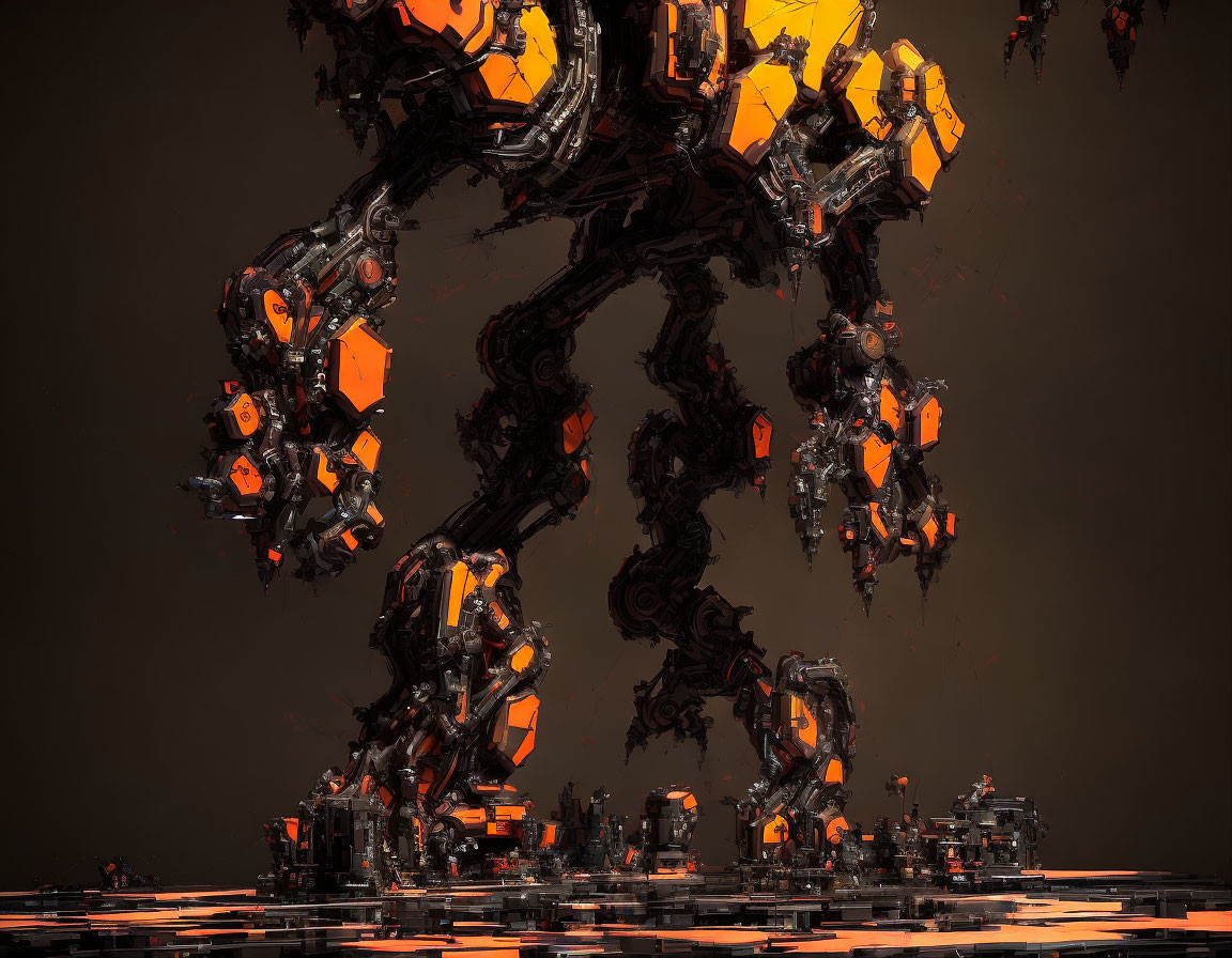 Dark mechanical structure with orange glowing elements and glossy reflections.