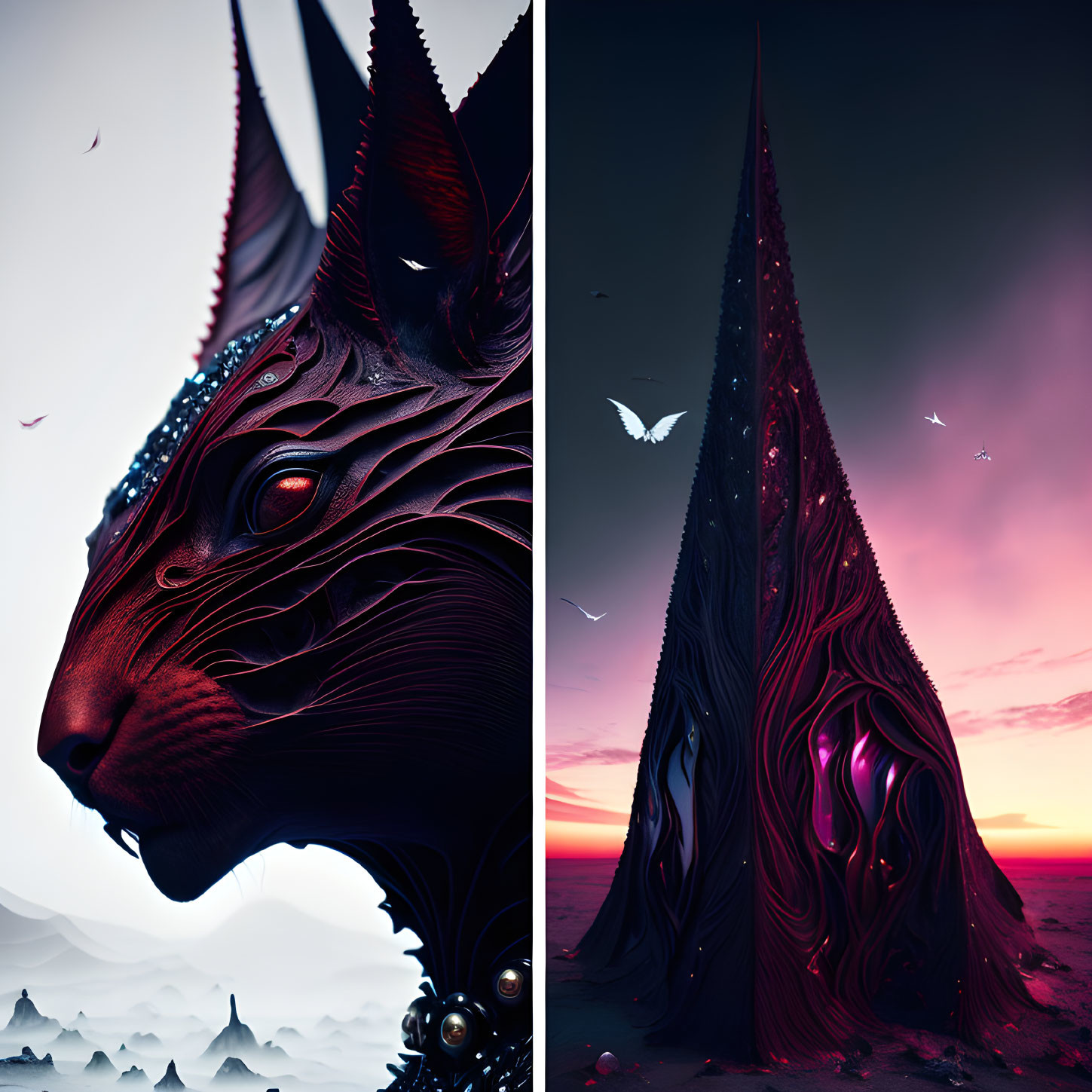 Split-image with stylized black wolf head and glowing red eyes next to wolf head-shaped structure with lumin