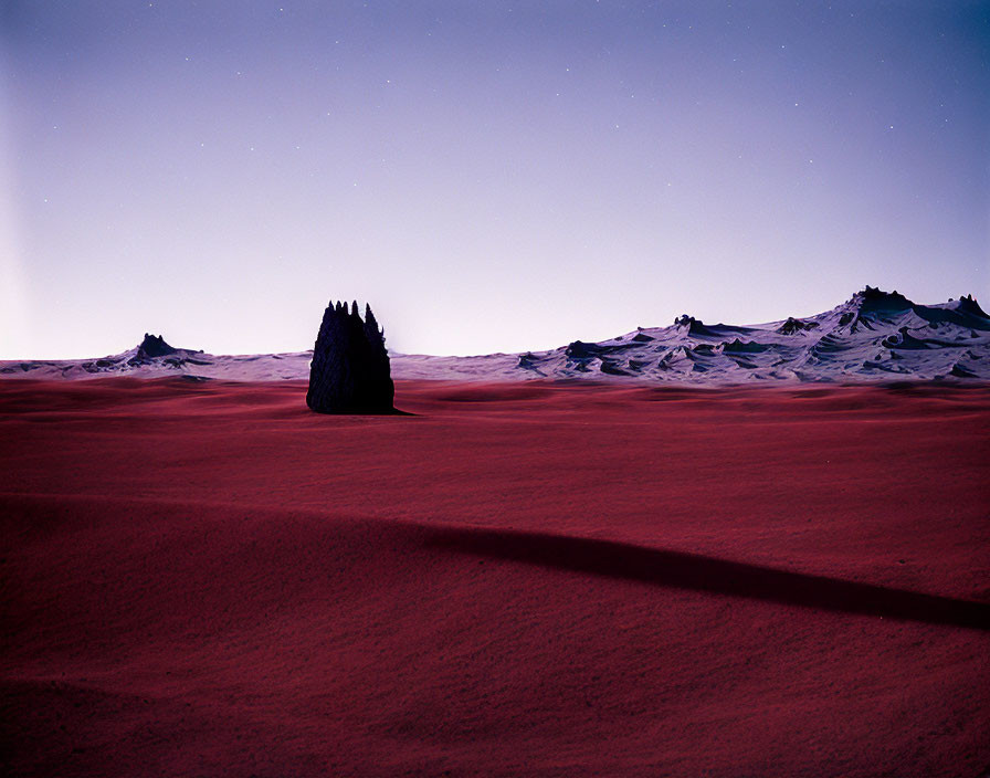 Crimson desert and jagged rock formations under starlit sky