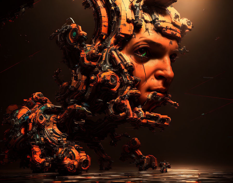 Surreal woman's face with mechanical elements on dark background