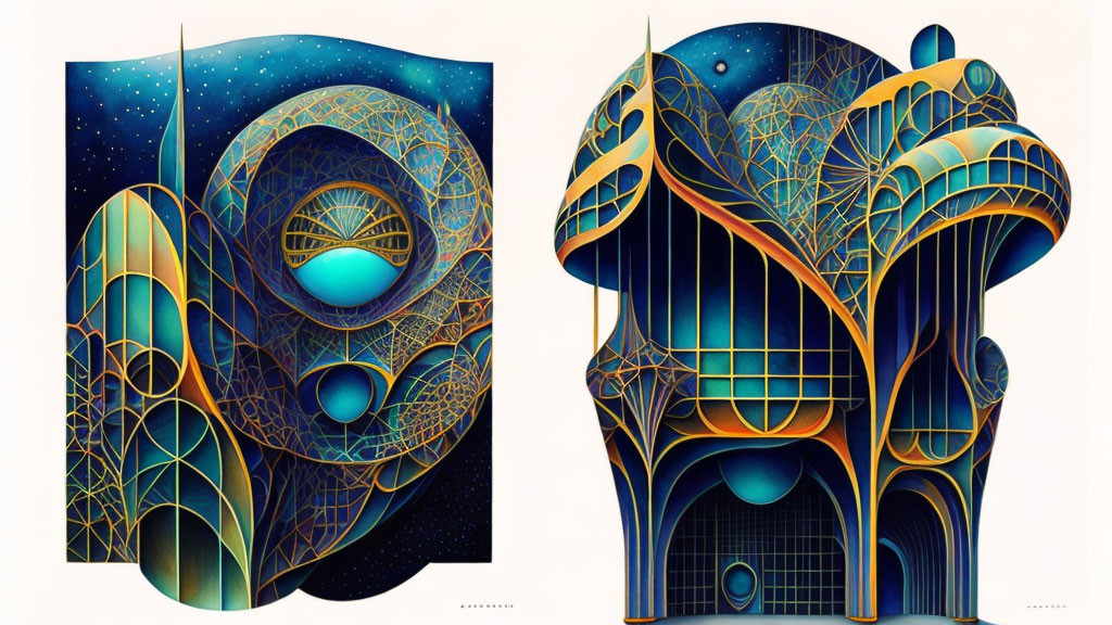 Vibrant surreal art with geometric patterns and cosmic motifs