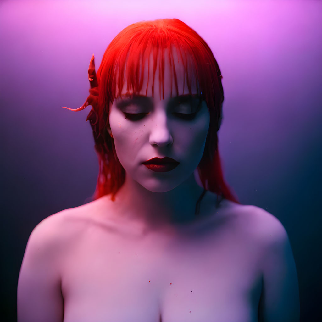 Red-haired woman with matching lipstick on purple and red gradient background