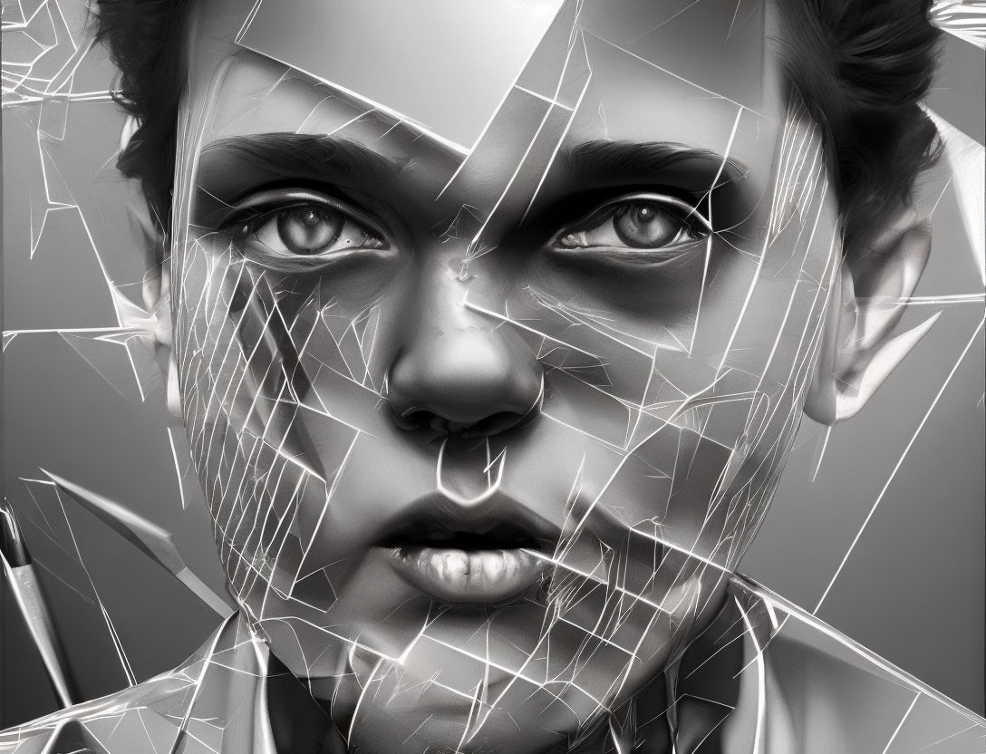 Monochrome digital portrait with shattered glass effect