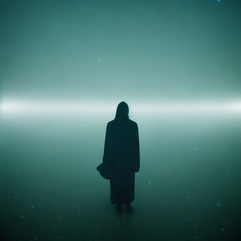 Silhouette of person with horizontal light beam and scattered points on muted background