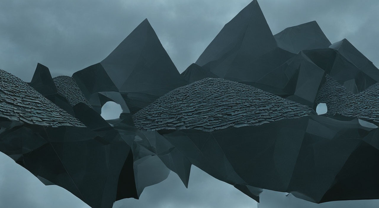 Modern angular structure resembling jagged rocks under cloudy sky