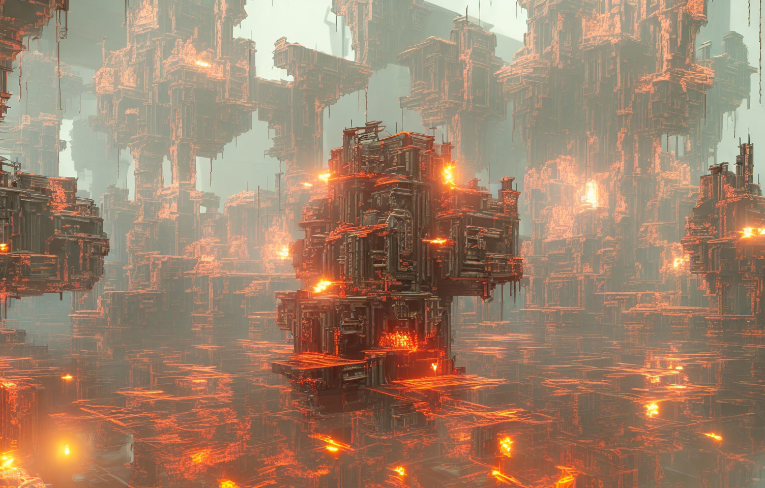 Futuristic cityscape with towering structures in hazy orange glow