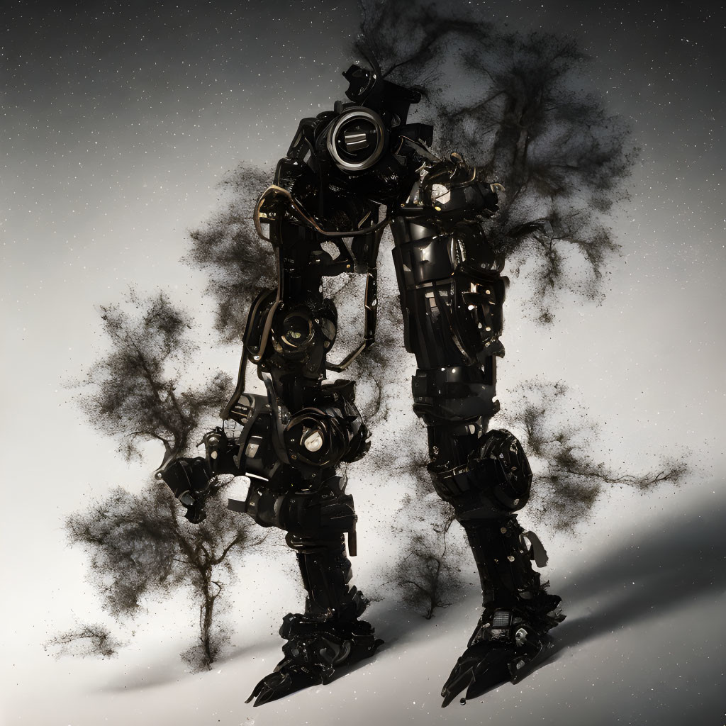 Intricate dark metal robot against cloudy backdrop with disintegrating parts