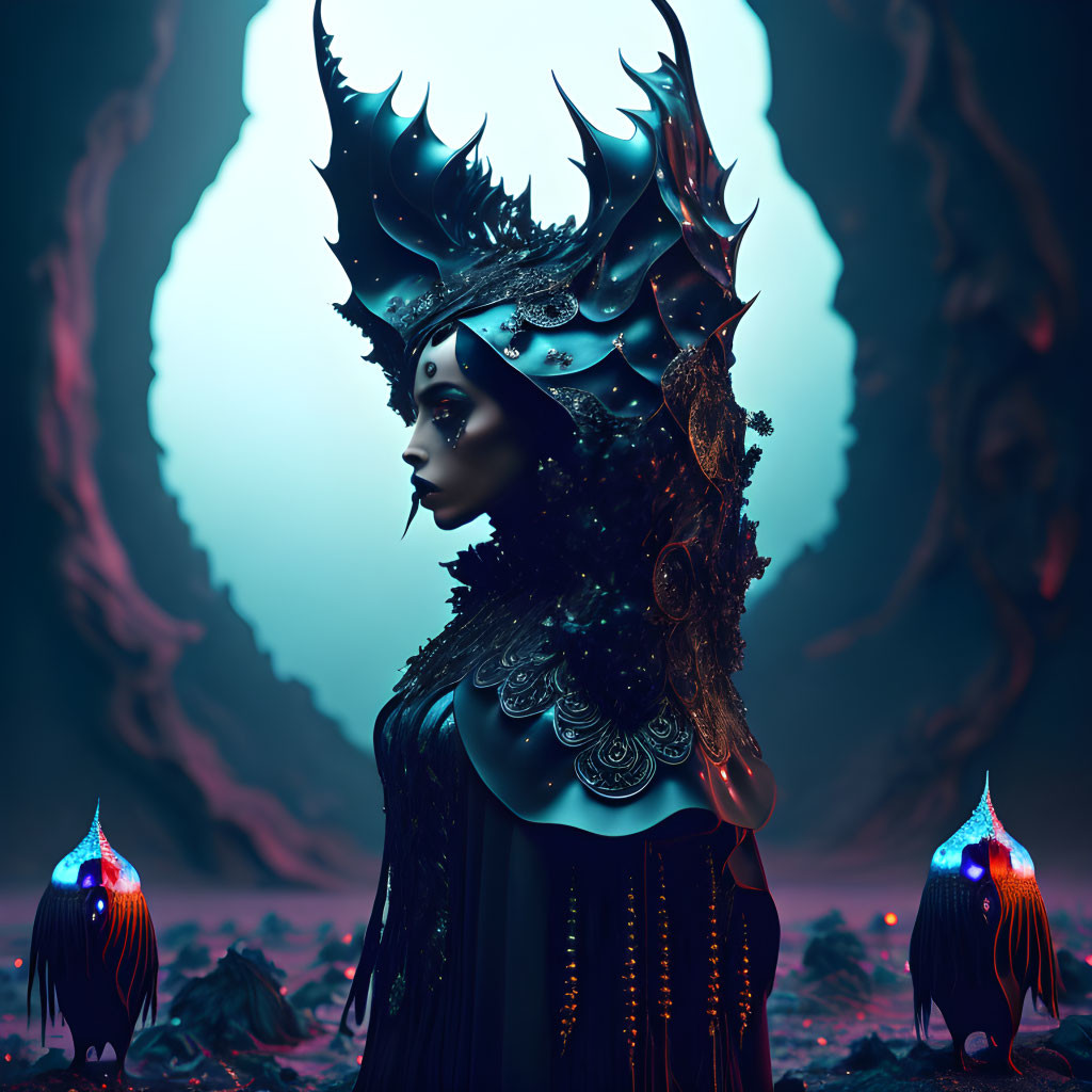 Elaborate dark crown on mystical female figure in moody fantasy setting