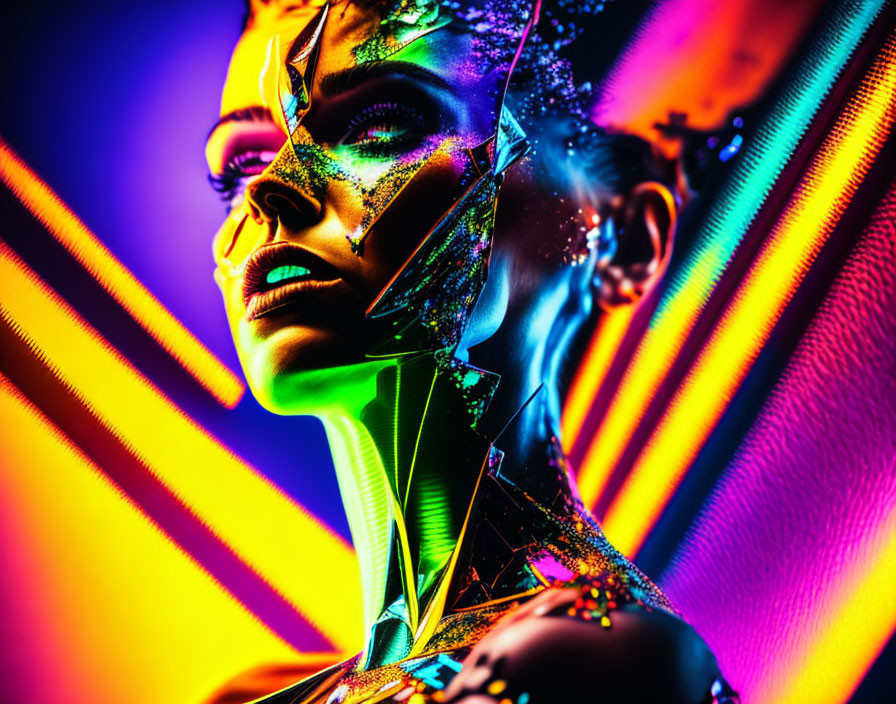 Vibrant neon-lit portrait of futuristic woman with digital glitch effects