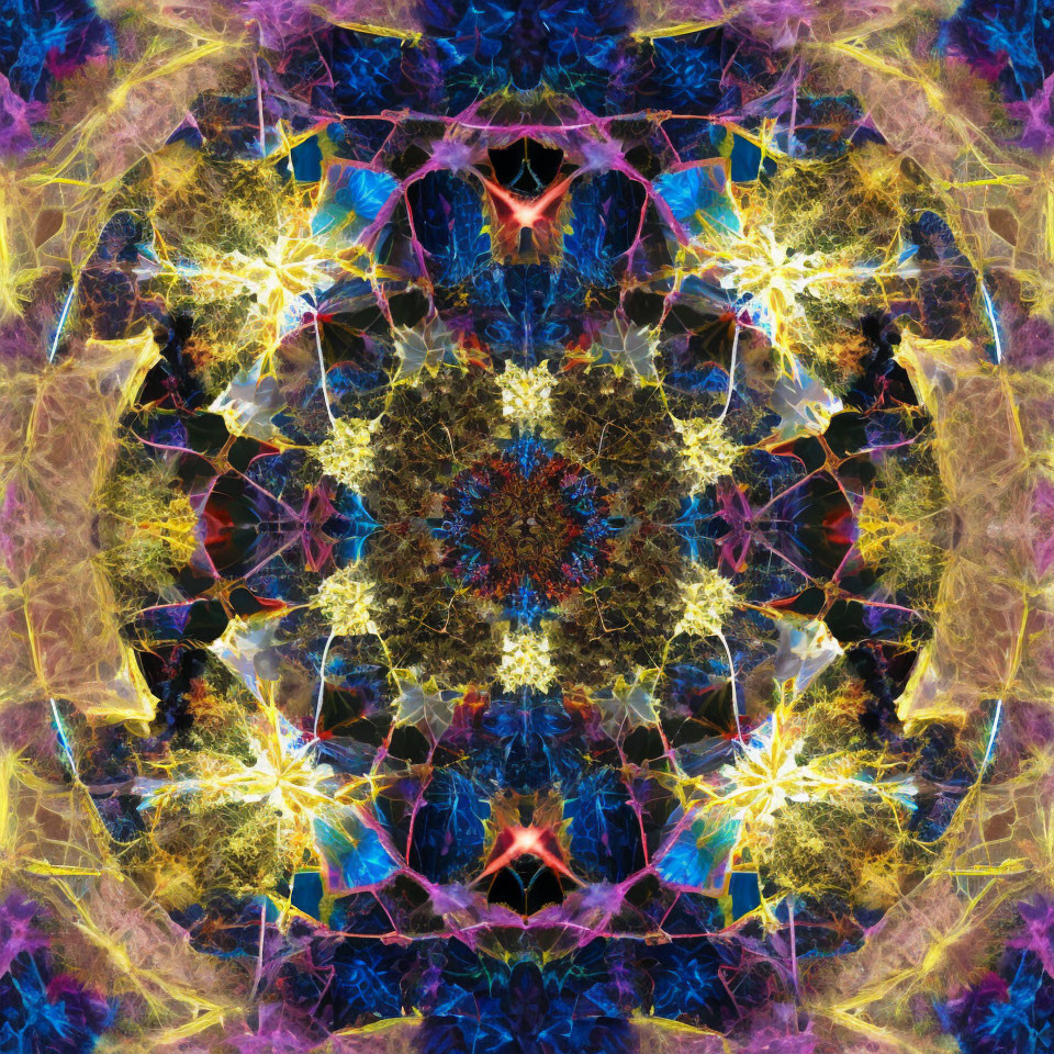 Colorful symmetrical kaleidoscopic pattern with fractal textures and star-like central motif.