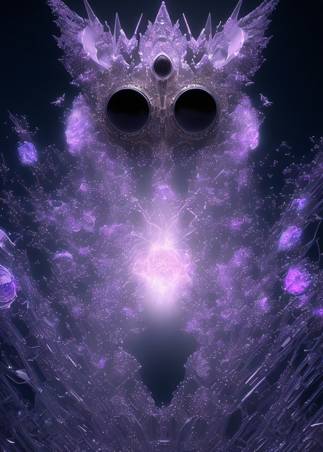 Purple Glowing Crystal Entity with Dual Circular Voids and Fractal Structures