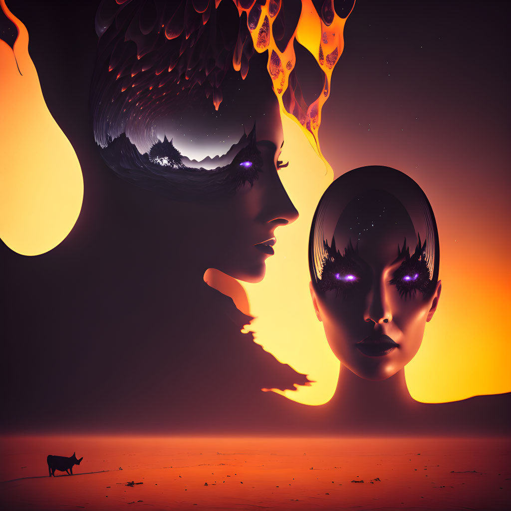 Surrealist artwork featuring cosmic faces and fiery elements on dark background