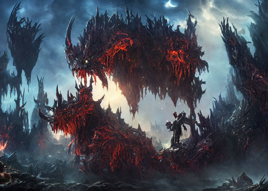 Person Confronts Monstrous Creatures in Dark Moonlit Landscape