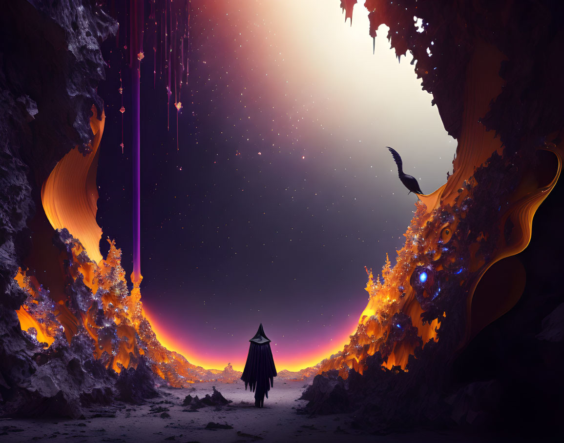 Cloaked figure in surreal landscape with fiery skies and celestial elements