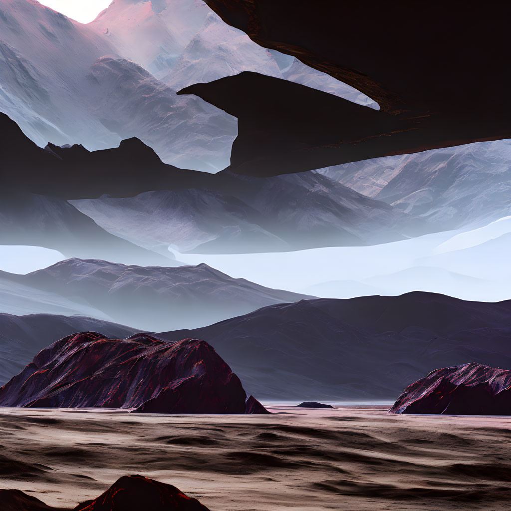 Surreal purple mountains under hazy sky in alien desert.