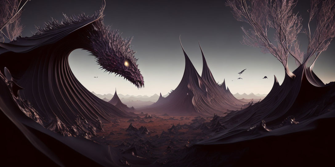 Fantastical landscape: dragon-like entity, spiky mountains, dusky sky, birds in
