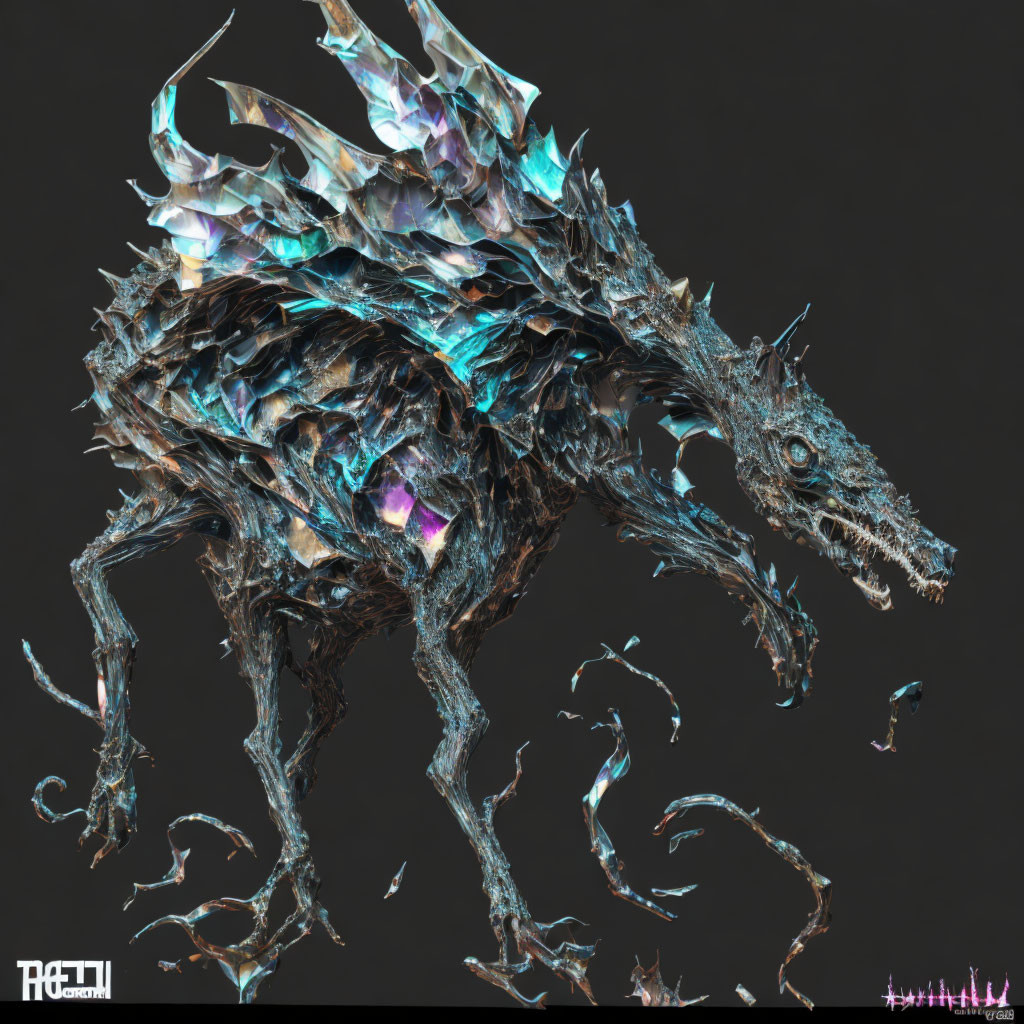 Digital art: Mythical wolf creature in fragmented crystal form on dark backdrop