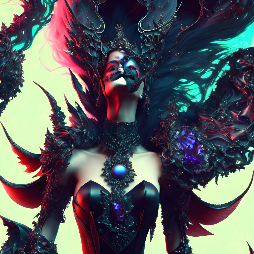 Fantasy queen digital artwork with dark armor and crown