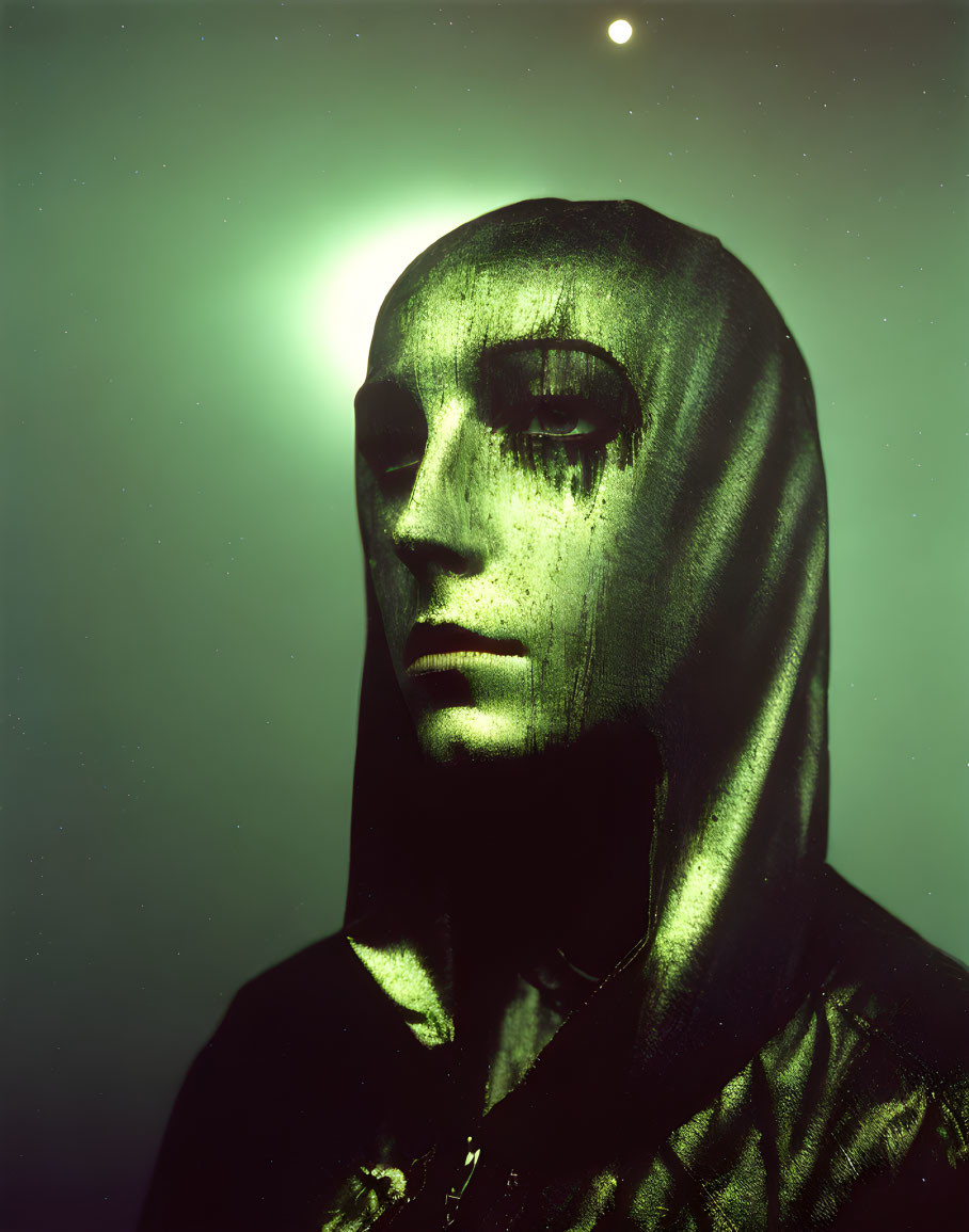 Portrait of a person with shrouded head and stylized makeup under greenish hue