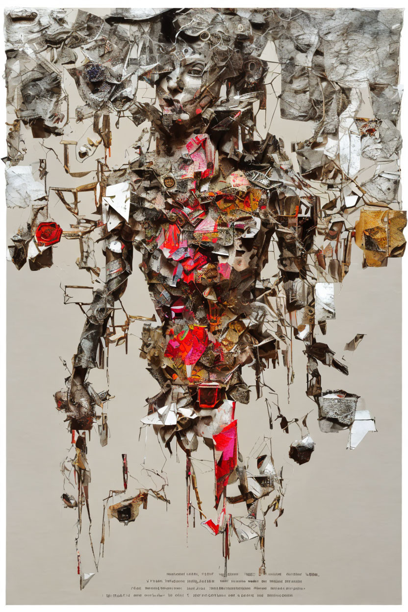 Collage artwork of fragmented figure with red accents