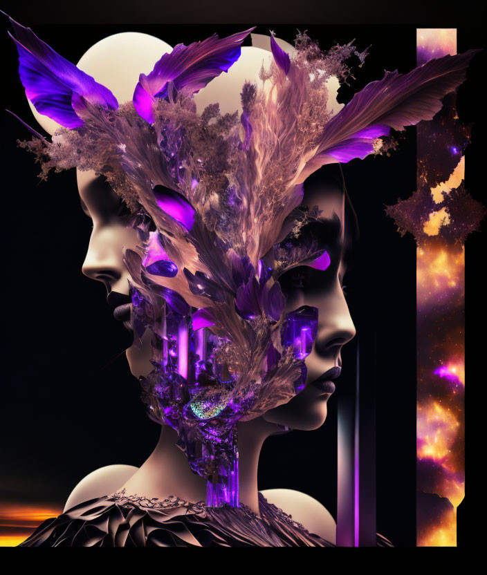 Surreal digital artwork: Two faces with glowing structures in cosmic background