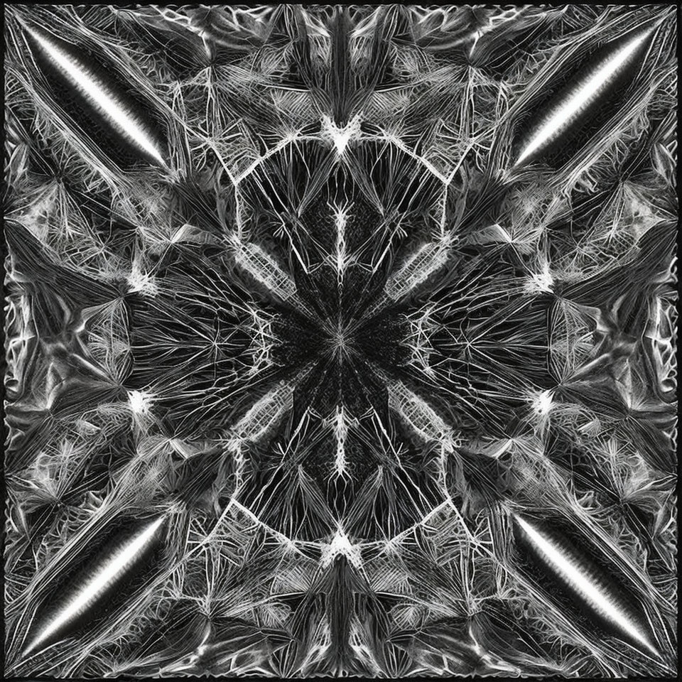 Symmetrical Monochrome Kaleidoscopic Pattern with Abstract Shapes