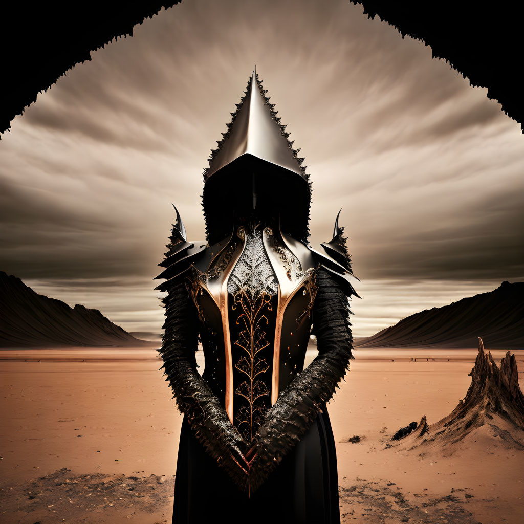 Armored Figure in Desolate Landscape with Dramatic Sky