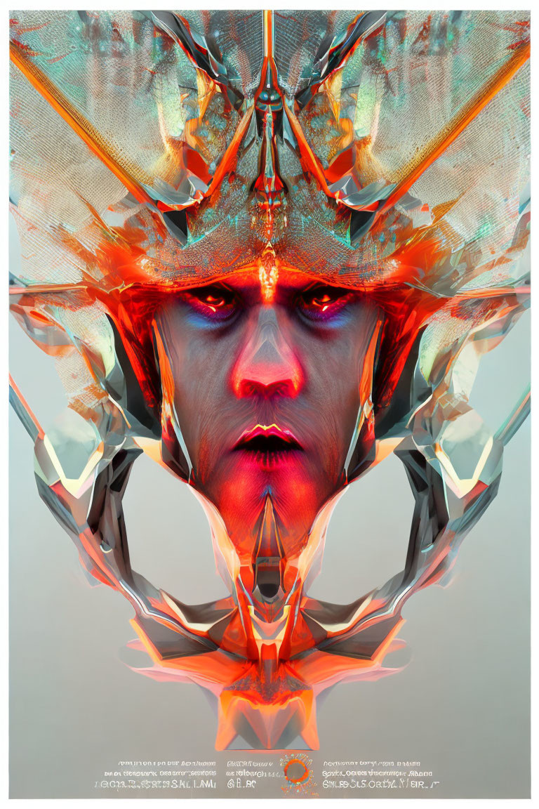 Symmetrical digital artwork: humanoid face with colorful abstract embellishments