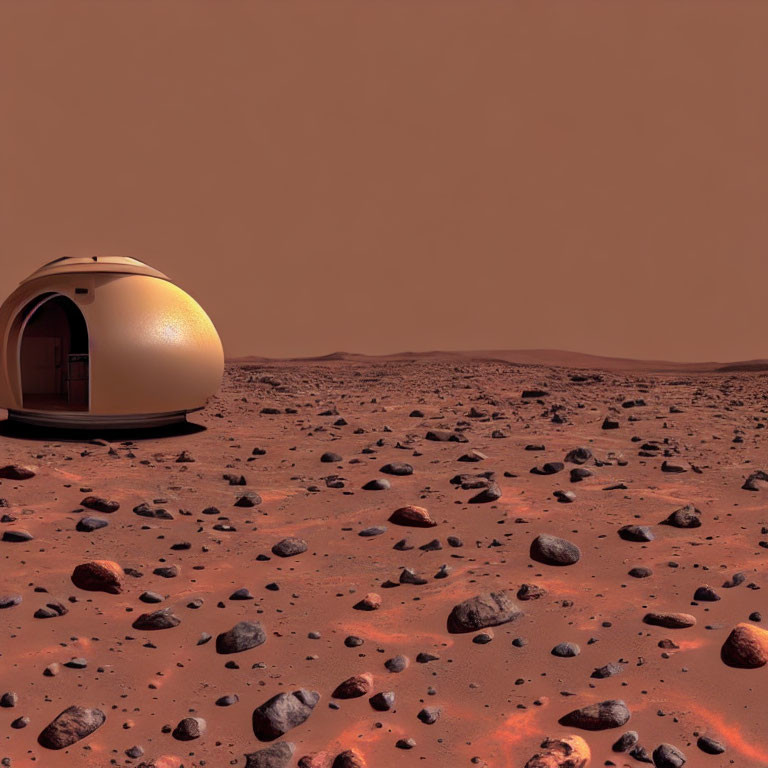 Habitat pod on rocky Martian surface under hazy sky