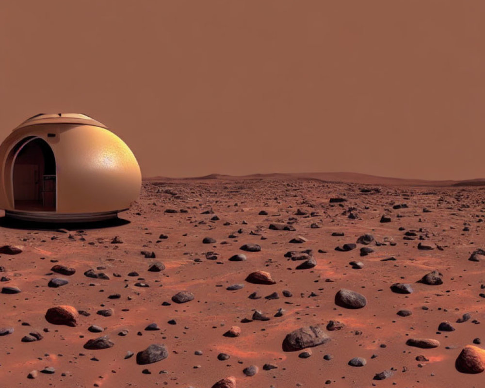 Habitat pod on rocky Martian surface under hazy sky