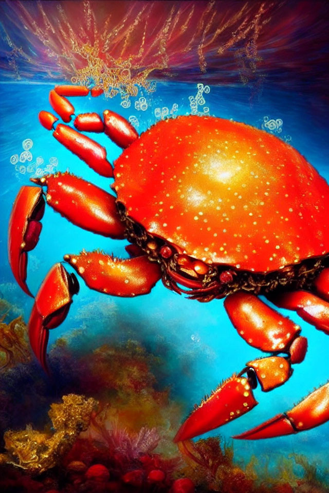 Colorful underwater scene with red crab, bubbles, coral, and gradient water