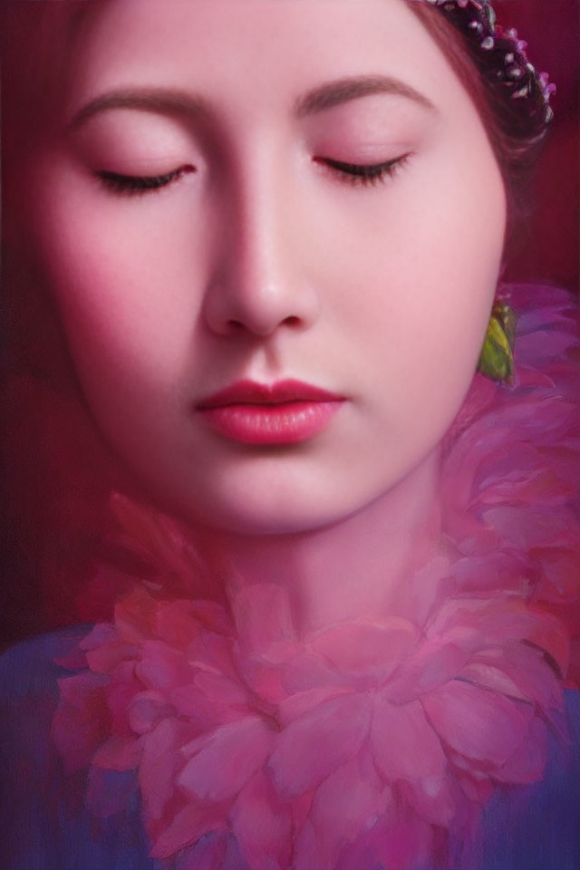 Serene woman with closed eyes and floral accessory on rosy background