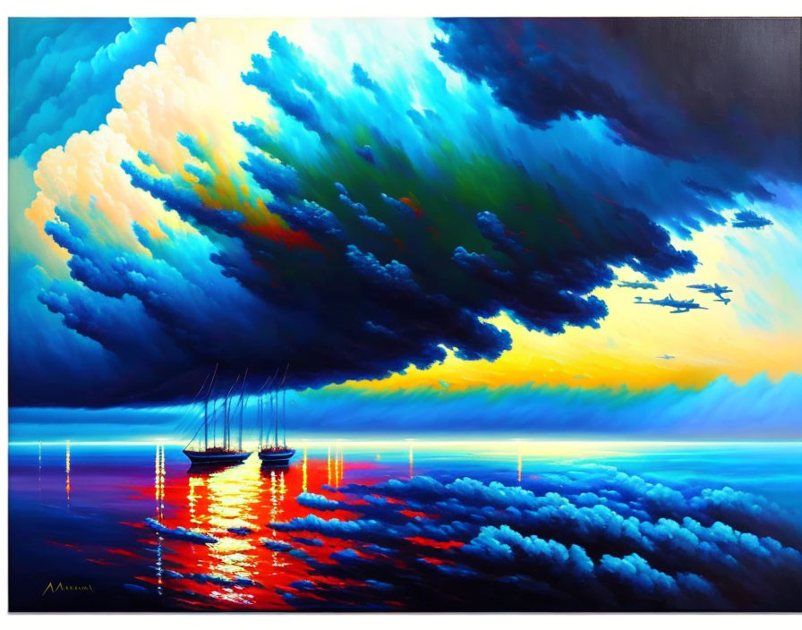 Dramatic sky painting over calm waters with sailboats reflections