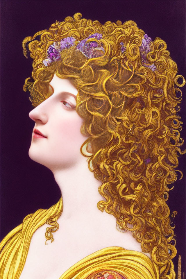 Illustration of Woman with Curly Golden Hair and Yellow Dress on Purple Background