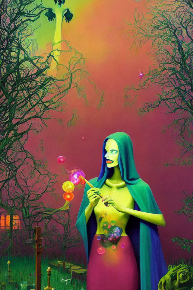 Fantastical image of hooded figure blowing bubbles in colorful, eerie forest