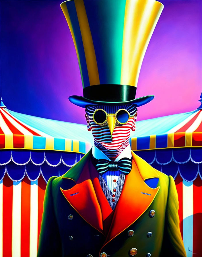 Colorful painting of figure in top hat and bowtie by circus tent