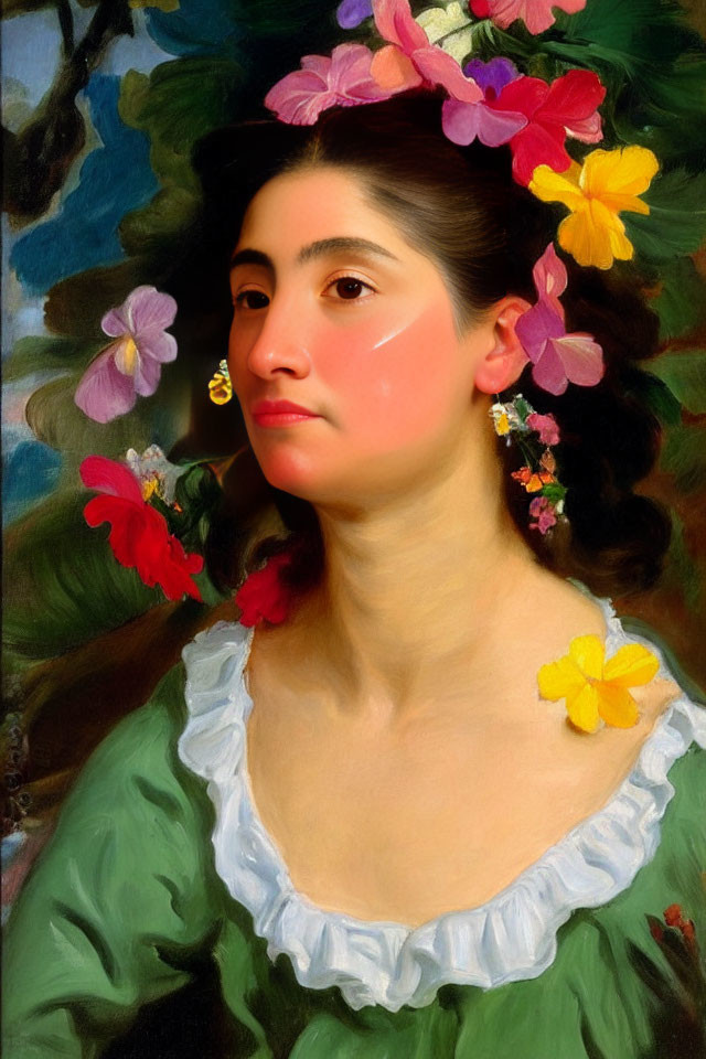 Woman with Flowered Hair and Earrings in Nature Setting