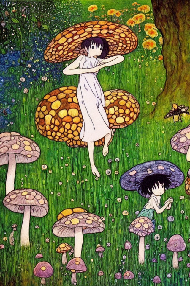 Vibrant forest scene with characters and oversized mushrooms