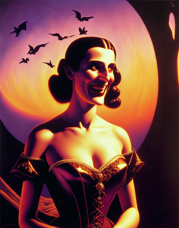Stylized smiling woman in gothic red and black dress with bats against full moon.