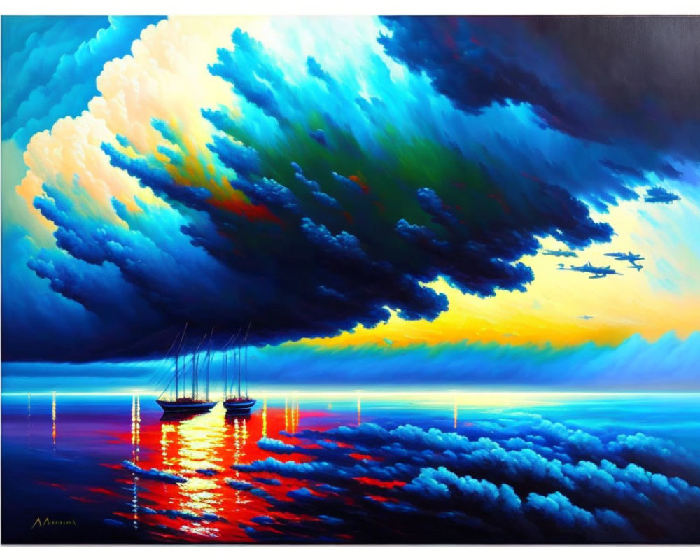 Dramatic sky painting over calm waters with sailboats reflections
