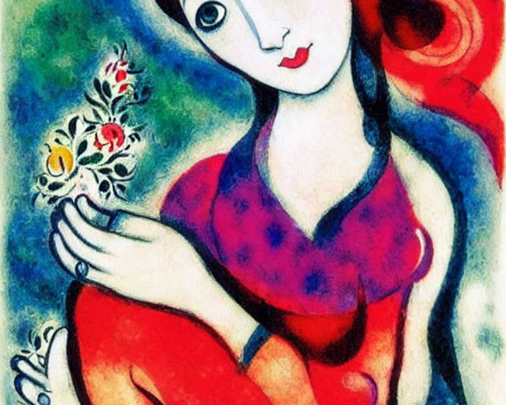 Vibrant painting of stylized woman with red hair and dress, holding a flower