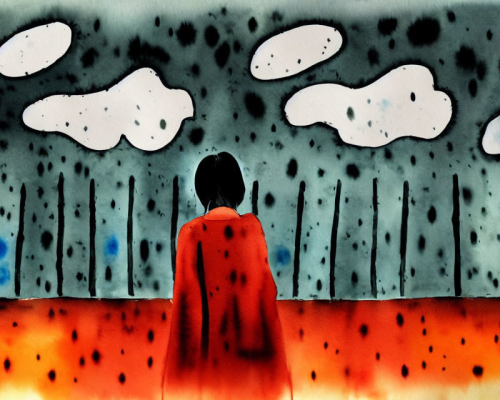 Person in Red Coat Against Vibrant Abstract Backdrop