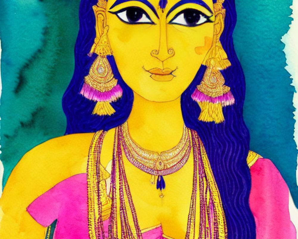 Vibrant watercolor illustration of female figure with yellow skin and blue hair in traditional Indian jewelry against